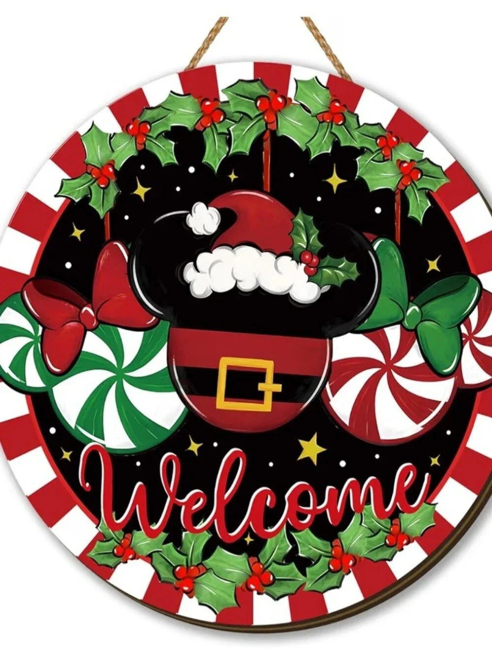 Holiday Mickey Welcome Wooden Decor - Red, Green, Black. NWT.